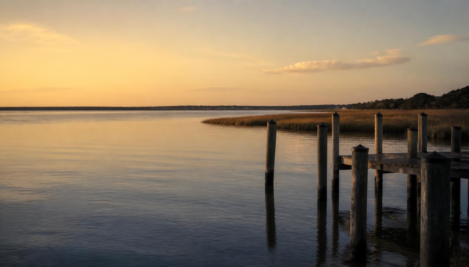 The Great South Bay shoreline on Long Island's South Shore at golden hour