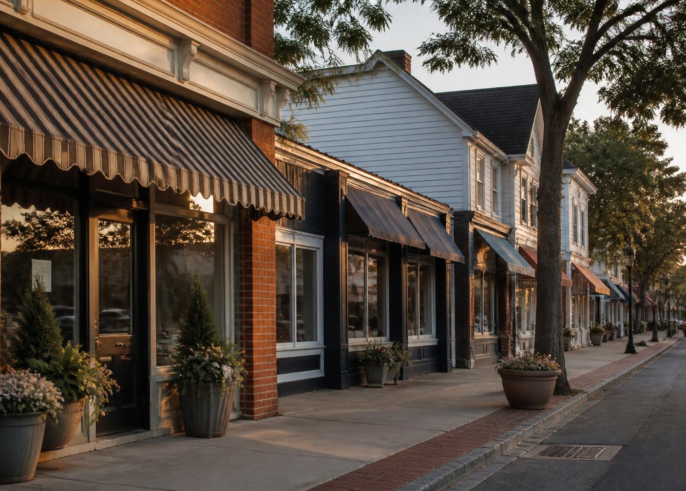 A row of owner-led storefronts on a Long Island village main street in evening light